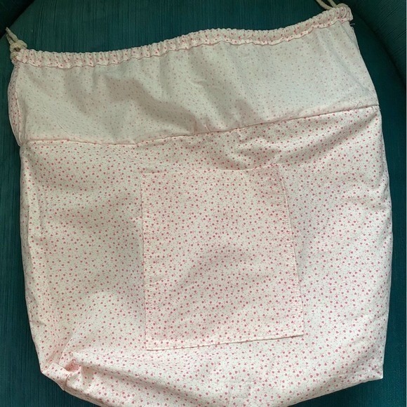 Handmade Linen Tote Bag Pink Floral Heart Drawstring Cottagecore Beige Large - Picture 5 of 10